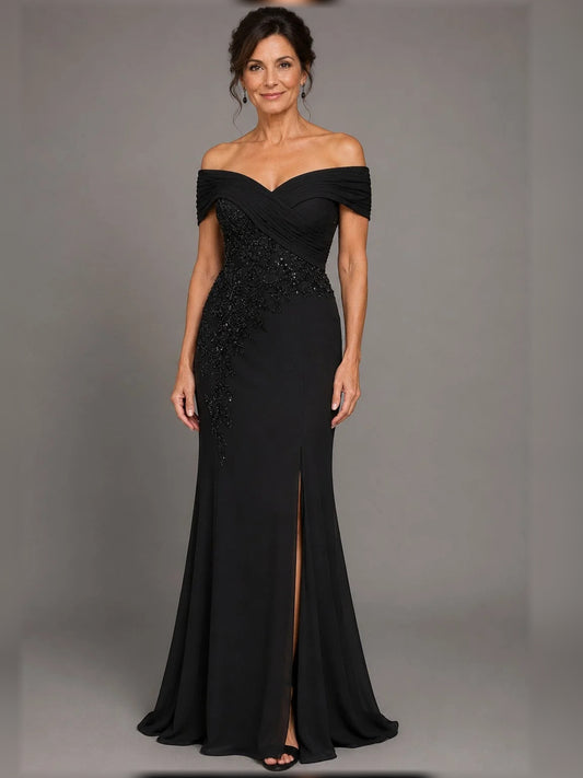 Black floor-length mother of the bride dress, front view showing the mermaid silhouette