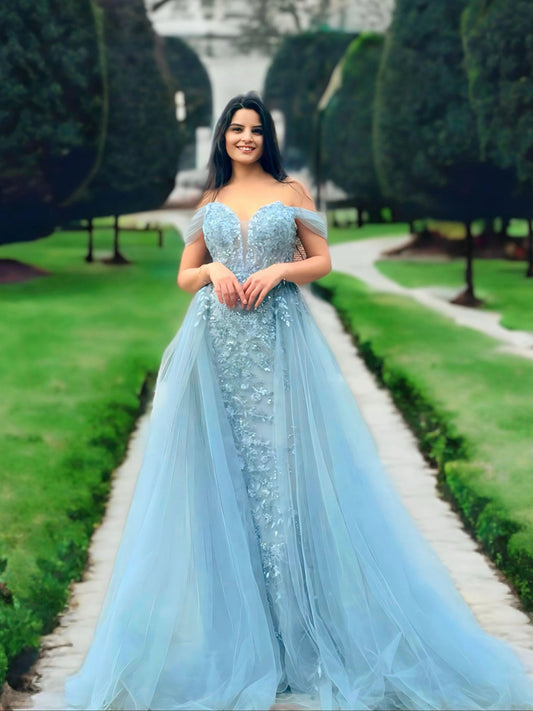 Light Gray floor-length prom dress, front view showing the a-line silhouette