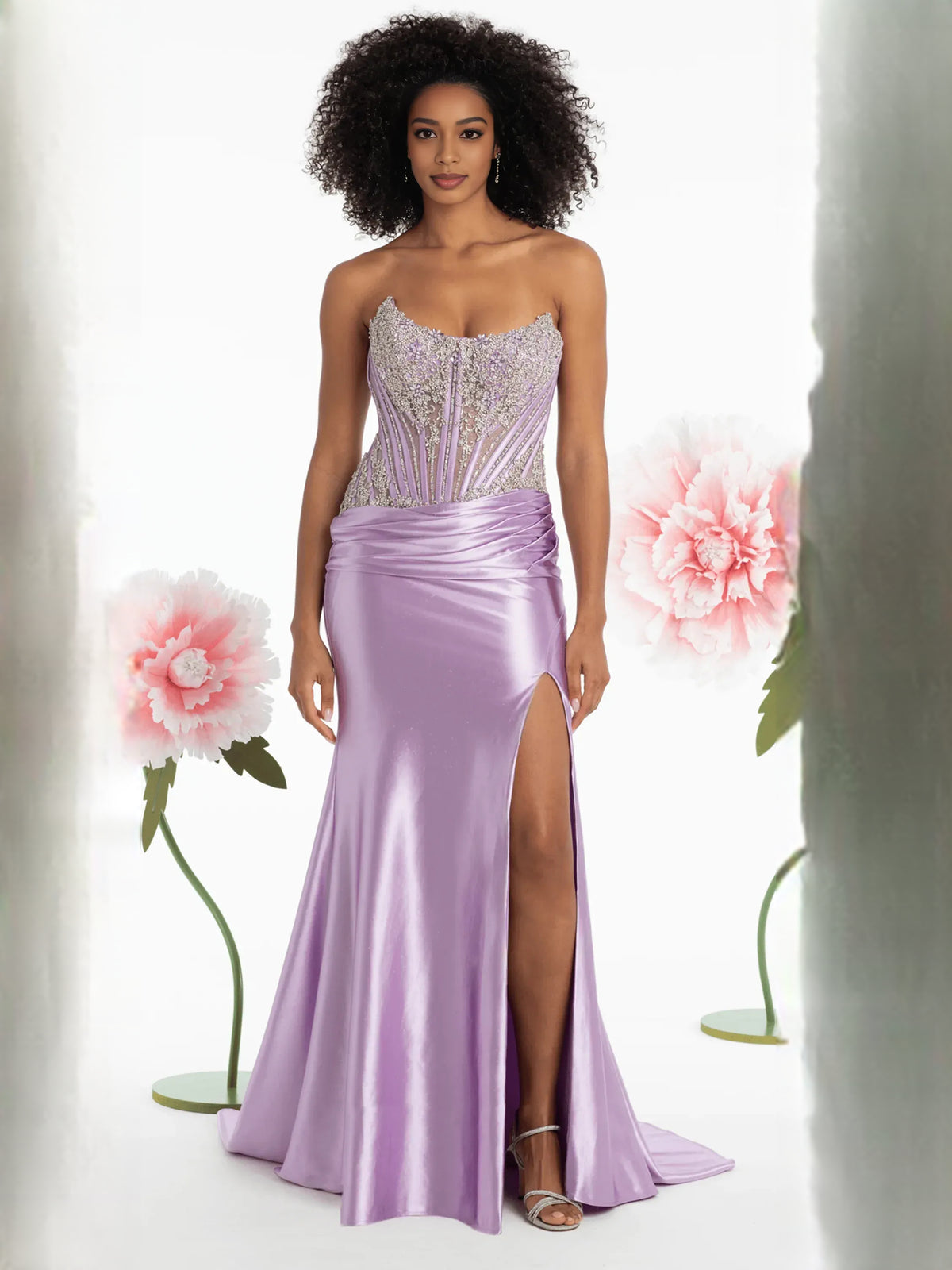 Lavender mermaid floor-length formal dress with sweetheart neckline, full-length front view