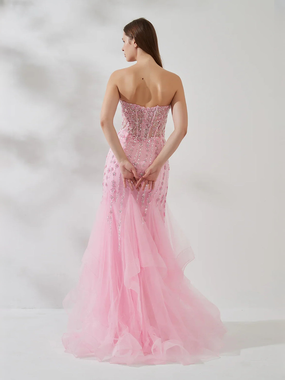 Pink floor-length prom dress, front view showing the mermaid silhouette