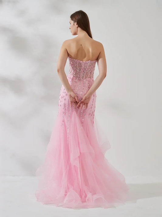 Pink floor-length prom dress, front view showing the mermaid silhouette