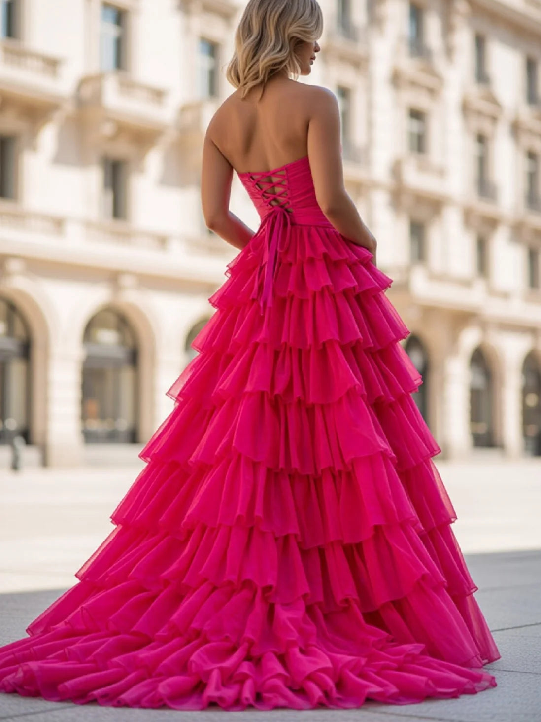 Magenta floor-length prom dress, front view showing the a-line silhouette