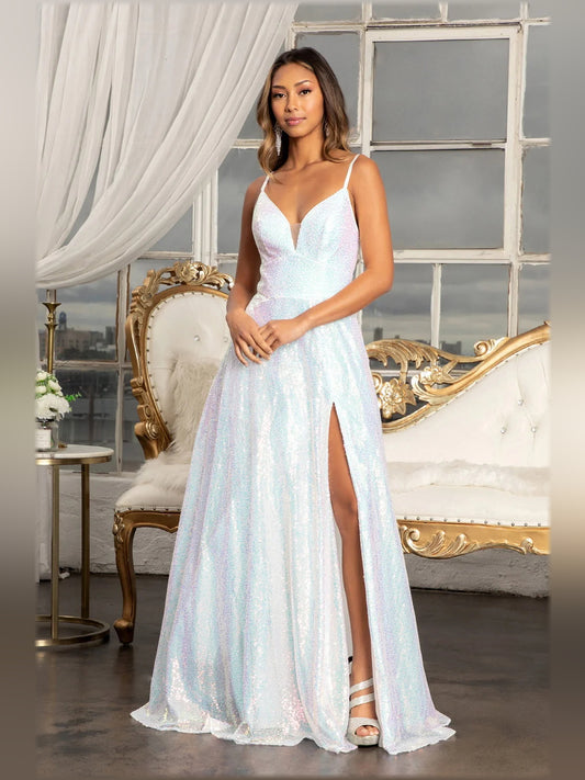 White a-line floor-length formal dress with V-neckline, full-length front view