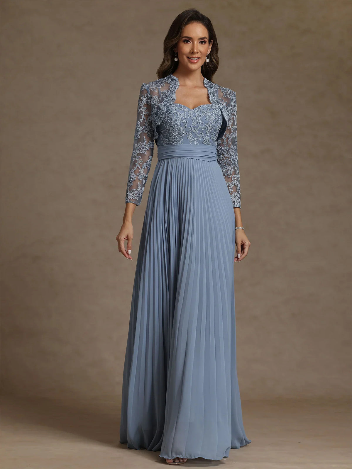 Dusty Blue floor-length mother of the bride dress, front view showing the a-line silhouette