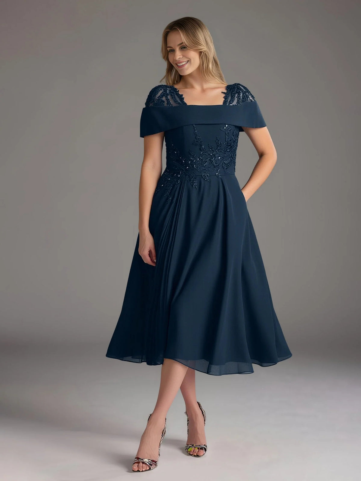 Dark Navy midi mother of the bride dress, front view showing the a-line silhouette