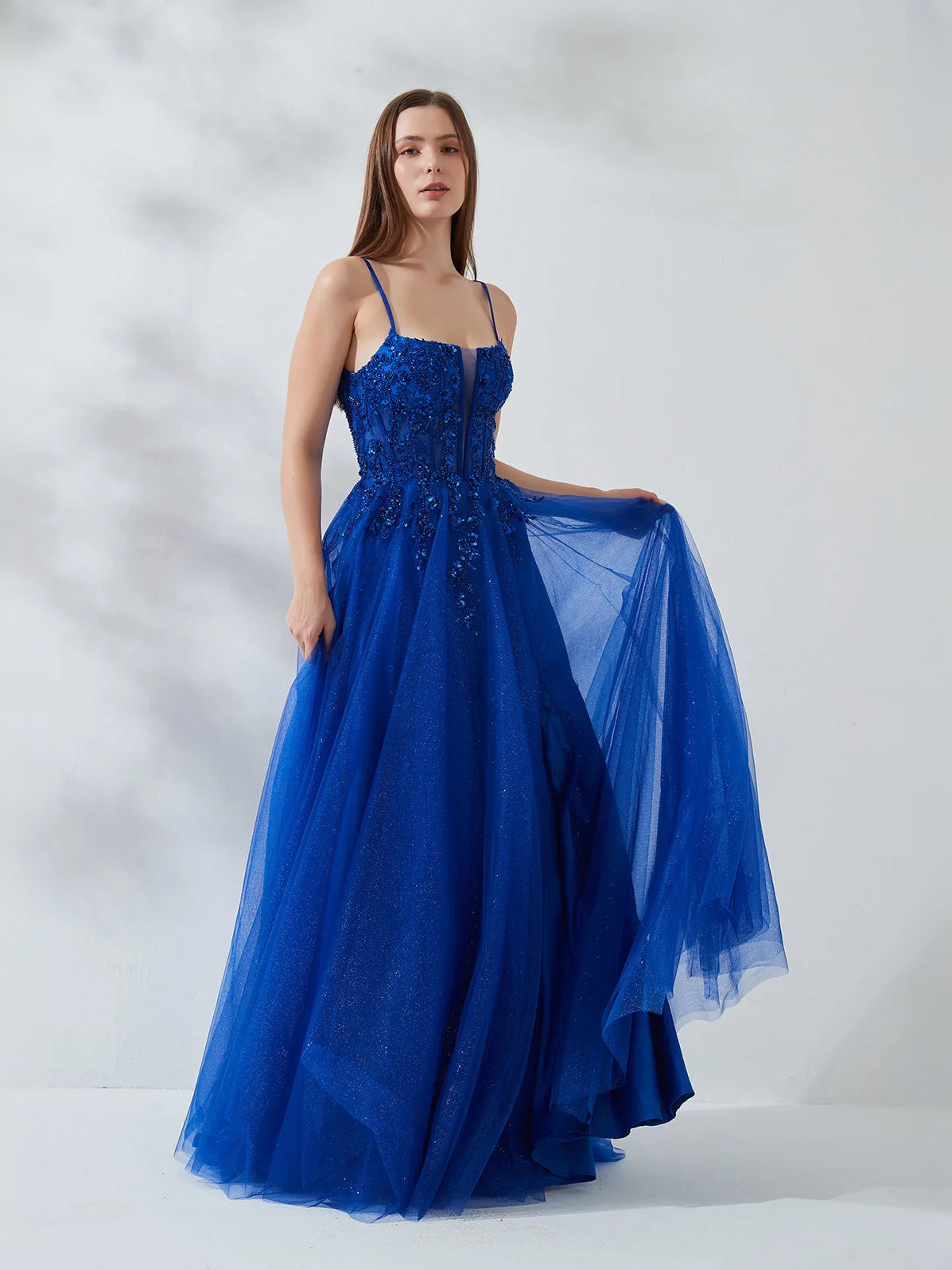 Cobalt Blue floor-length prom dress, front view showing the a-line silhouette