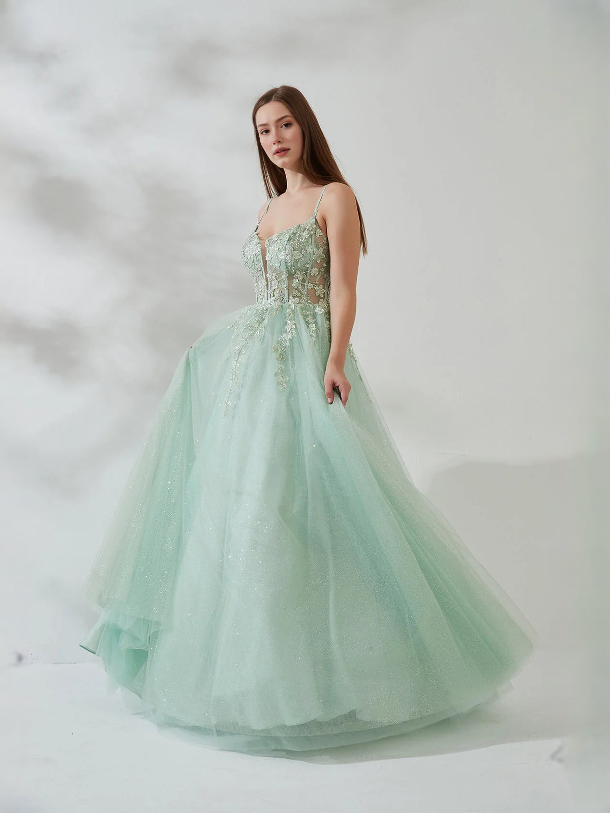 Mint Green floor-length prom dress, front view showing the a-line silhouette