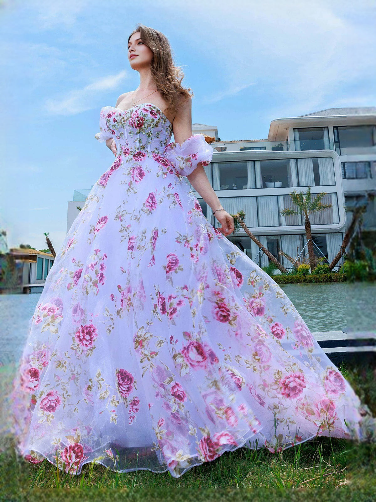 As Picture floor-length prom dress, front view showing the a-line silhouette
