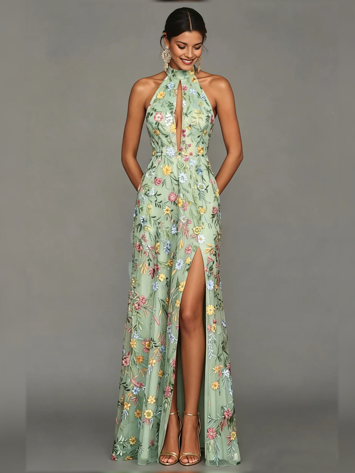 Mint Green a-line floor-length formal dress with halter neckline, full-length front view