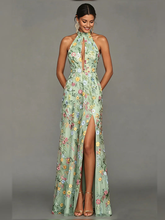 Mint Green a-line floor-length formal dress with halter neckline, full-length front view