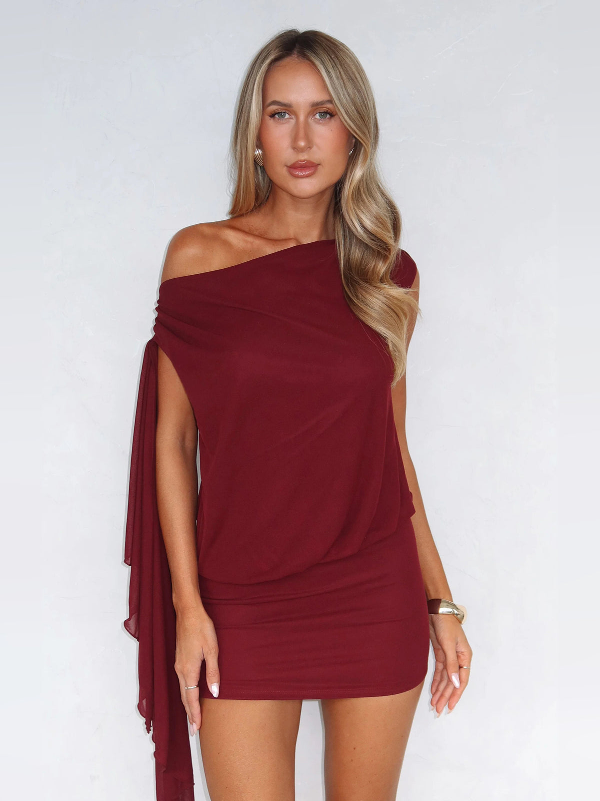 Wine mini homecoming dress, front view showing the silhouette