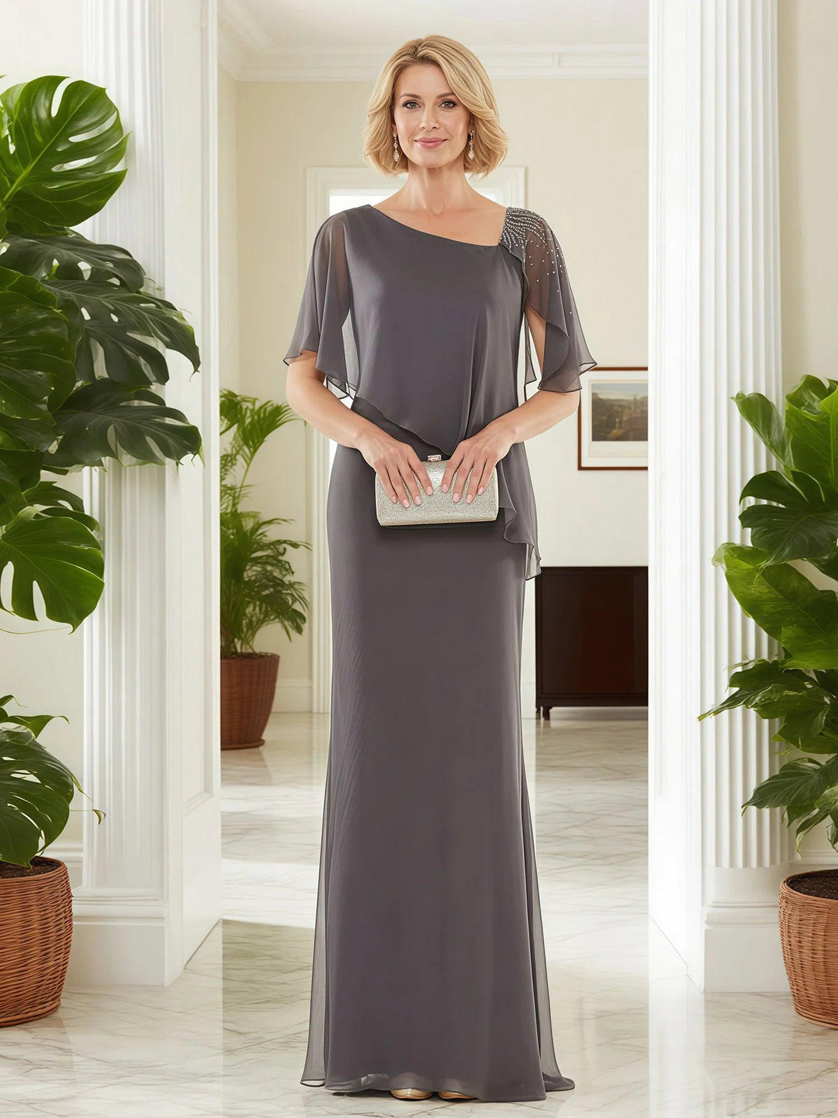 Grey floor-length mother of the bride dress, front view showing the sheath silhouette