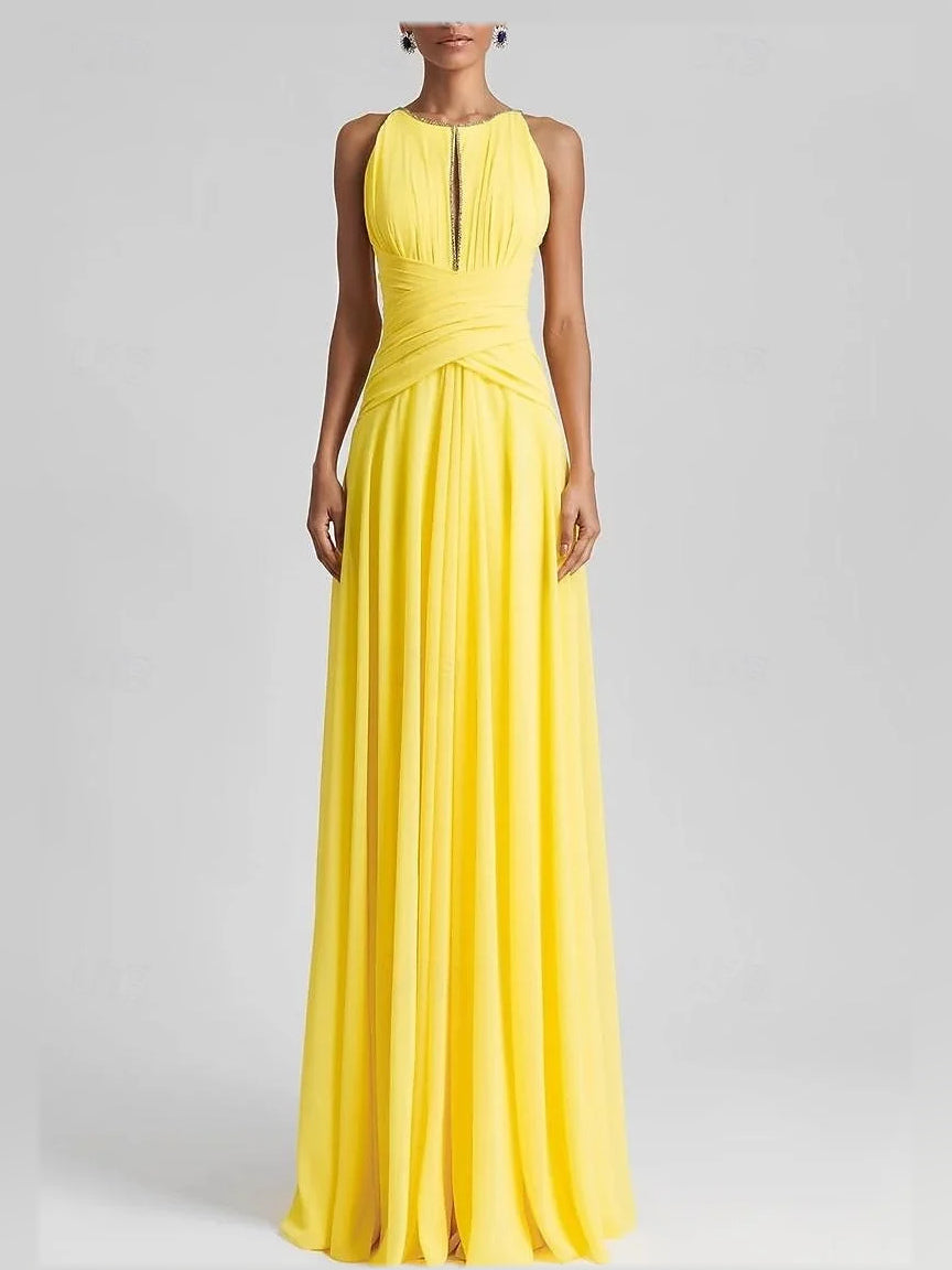 Canary maxi prom dress, front view showing the a-line silhouette
