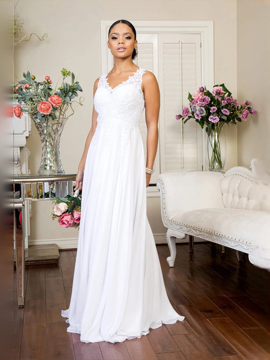 White floor-length prom dress, front view showing the a-line silhouette
