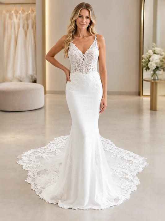 White floor-length wedding dress, front view showing the mermaid silhouette