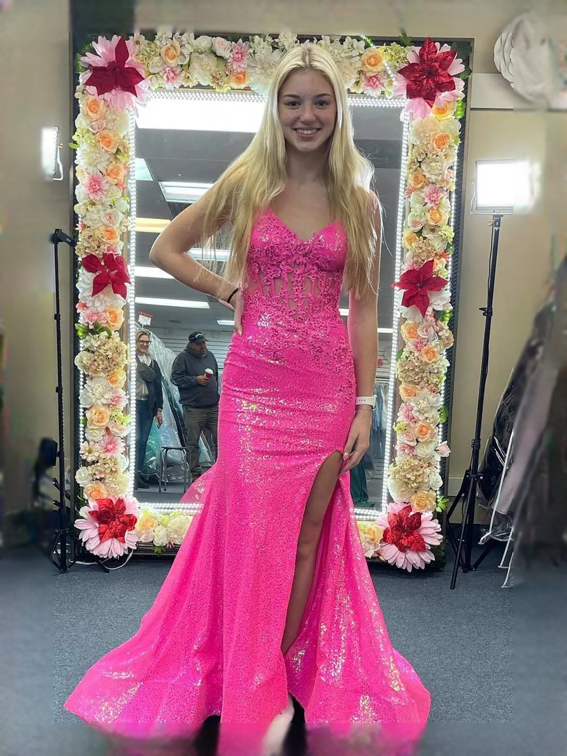 Hot Pink maxi prom dress, front view showing the mermaid silhouette