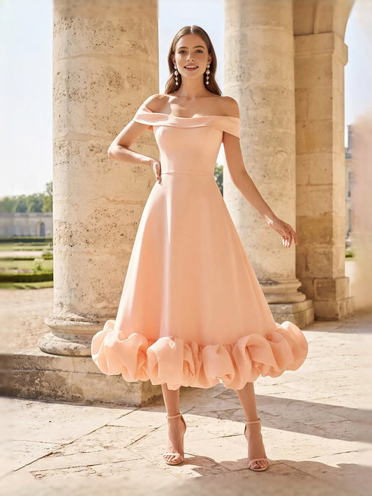 Pearl Pink midi bridesmaid dress, front view showing the a-line silhouette