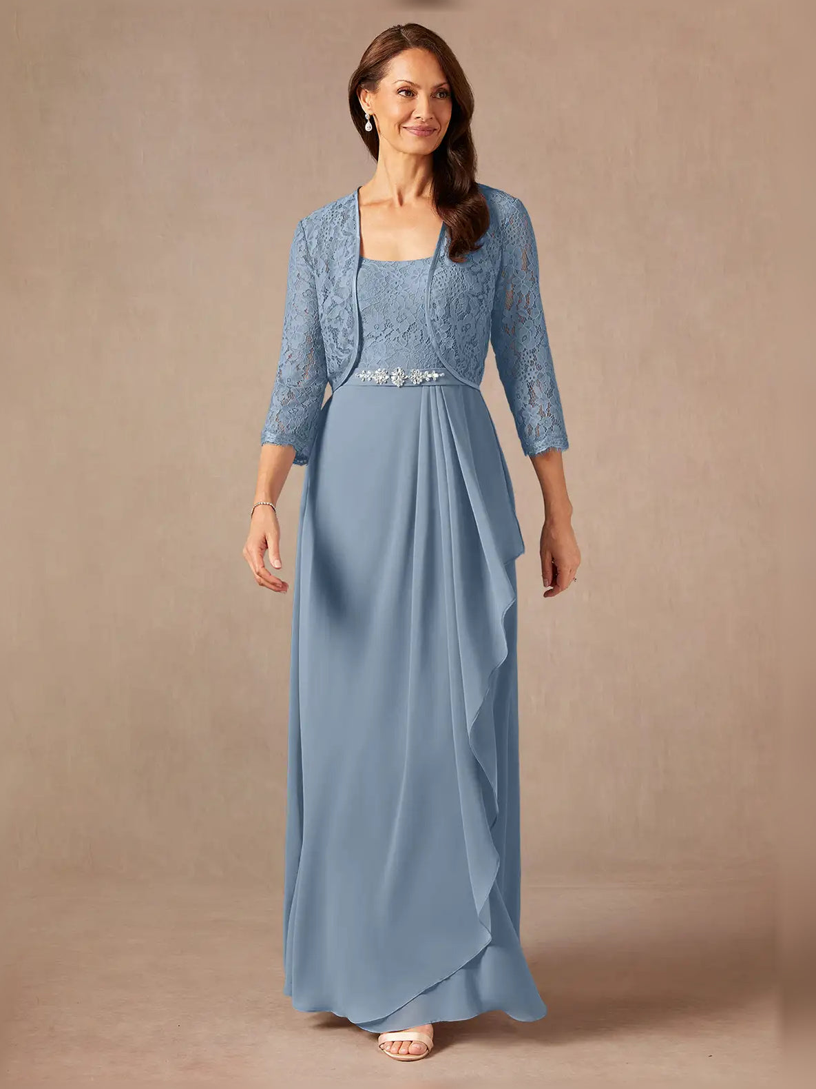 Dusty Blue maxi mother of the bride dress, front view showing the a-line silhouette