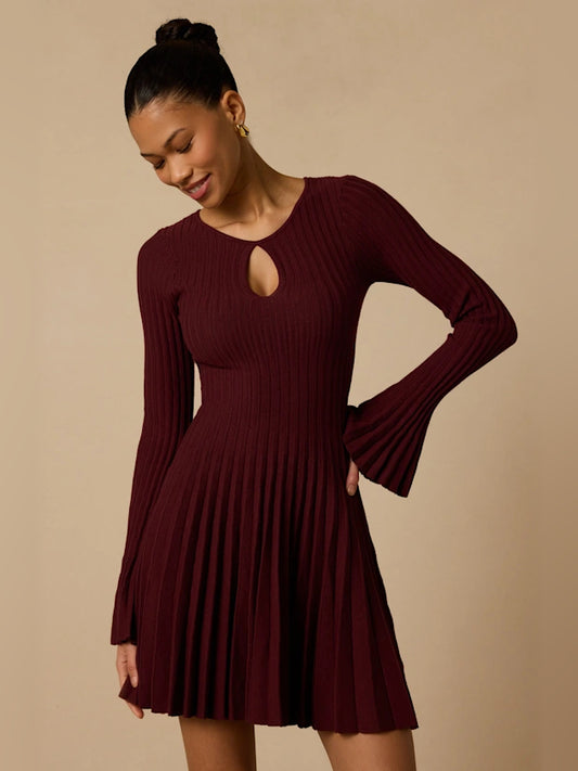 Plum mini homecoming dress, front view showing the silhouette