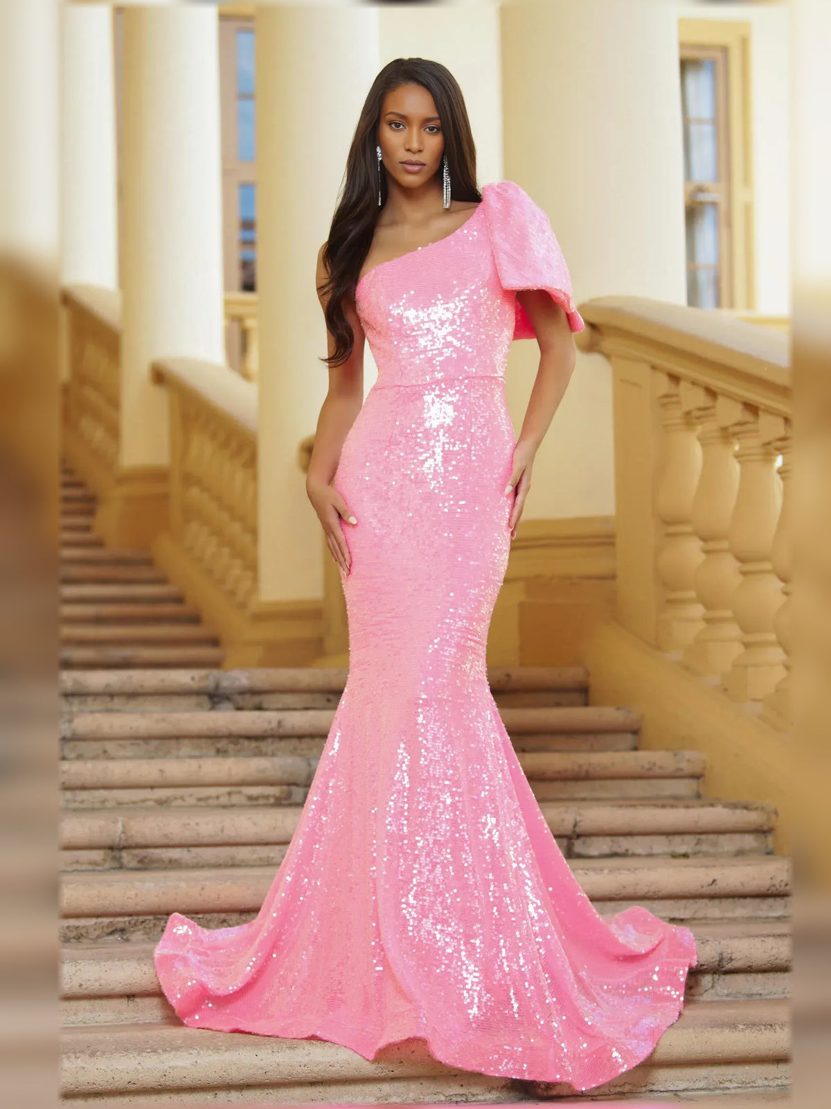 Pink mermaid floor-length formal dress with one-shoulder neckline, full-length front view
