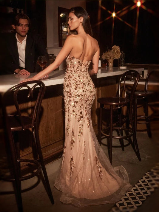 Rose Gold floor-length prom dress, front view showing the mermaid silhouette