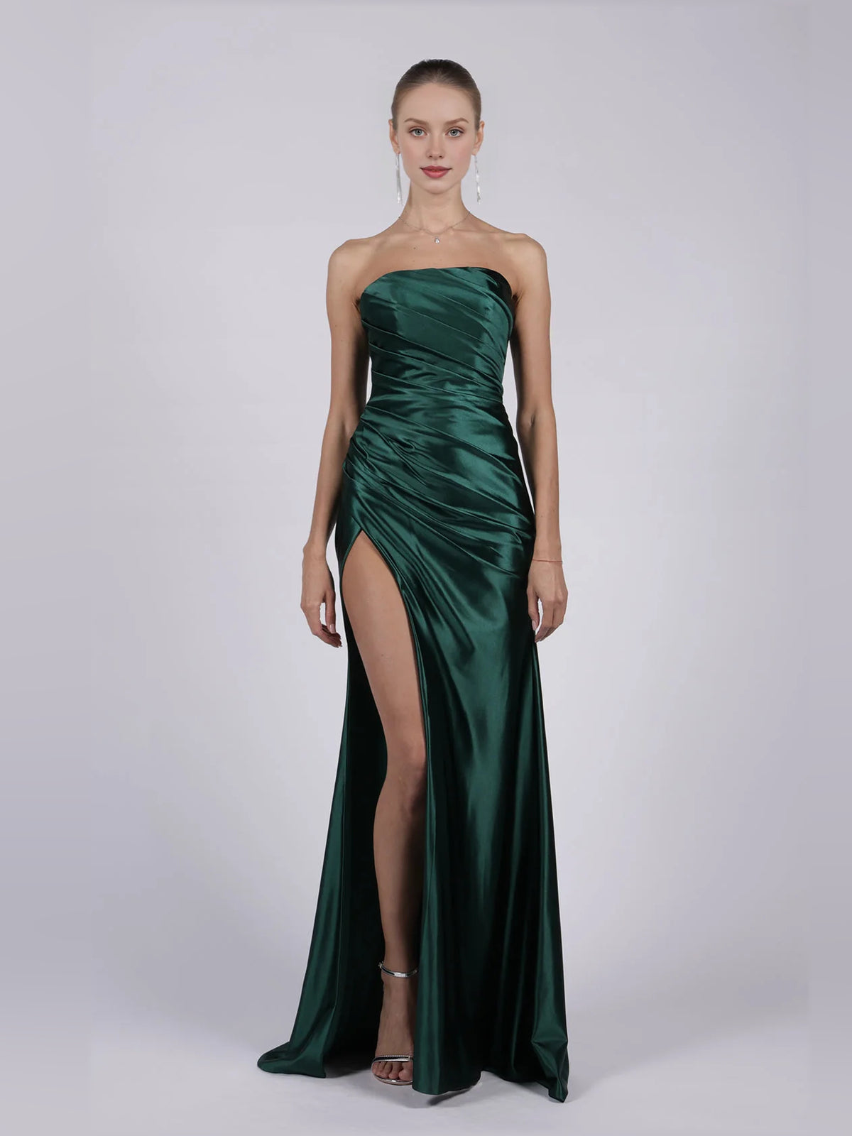 Dark Green mermaid floor-length formal dress with strapless neckline, full-length front view