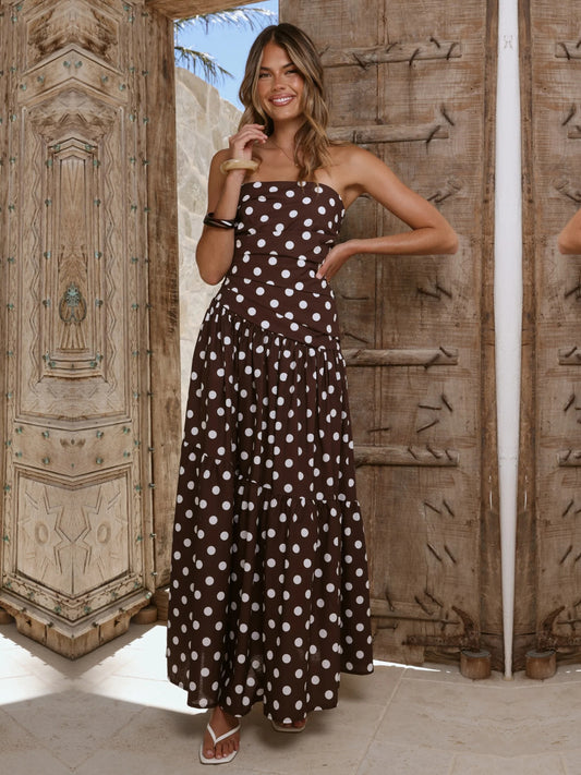 Brown White Polka Dot a-line maxi formal dress with strapless neckline, full-length front view