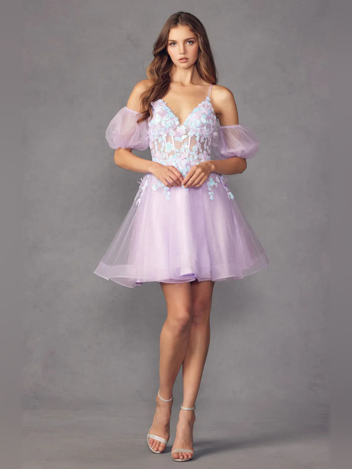 Lilac short homecoming dress, alternate view showing the full-length silhouette