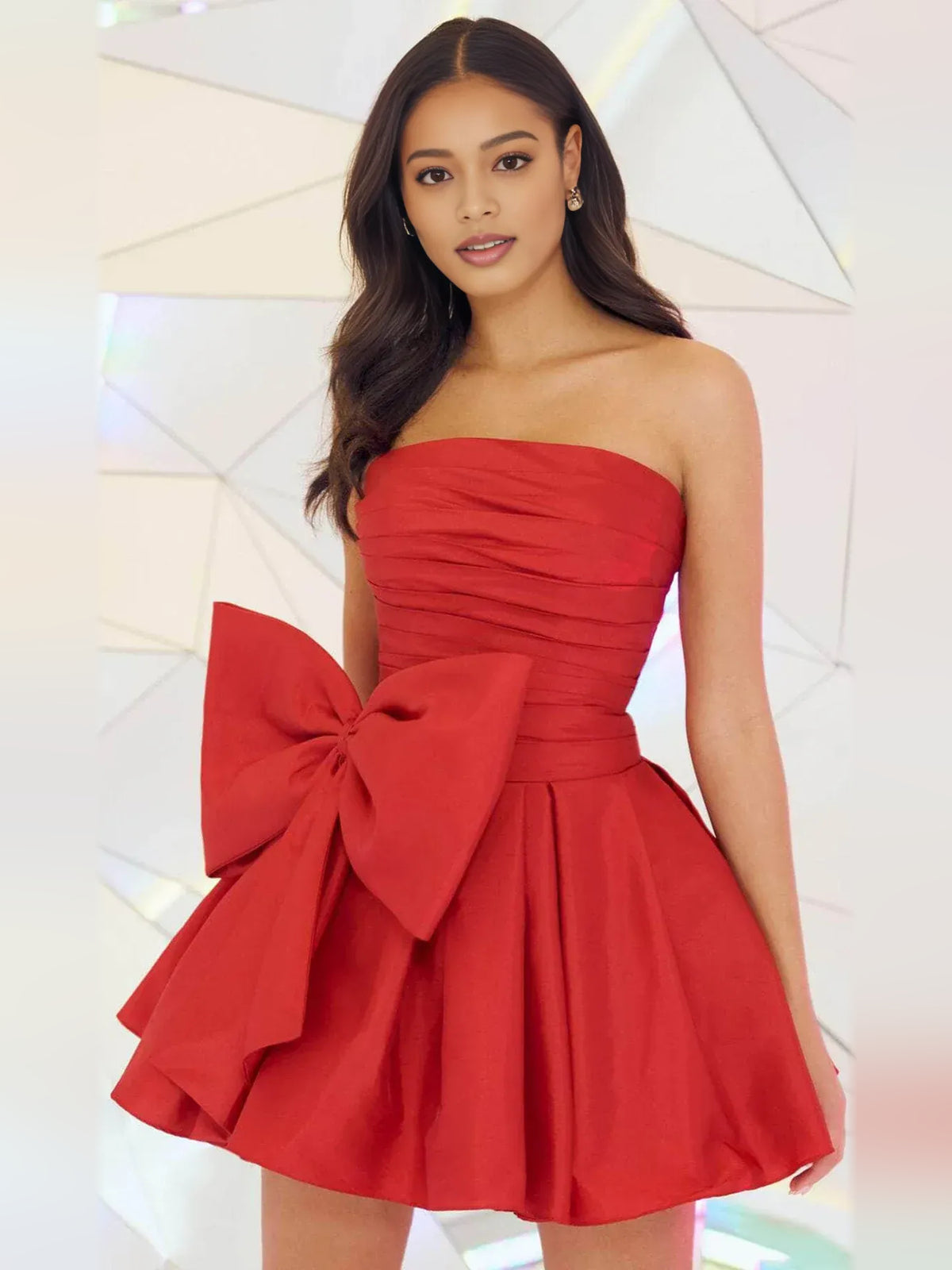 Red mini homecoming dress, alternate view showing the full-length silhouette