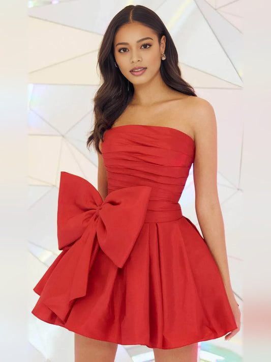 Red mini homecoming dress, alternate view showing the full-length silhouette
