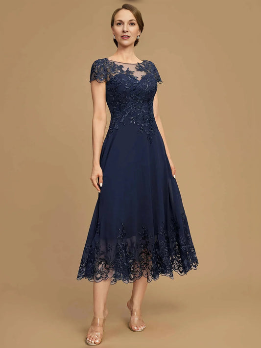 Dark Navy tea-length mother of the bride dress, front view showing the a-line silhouette