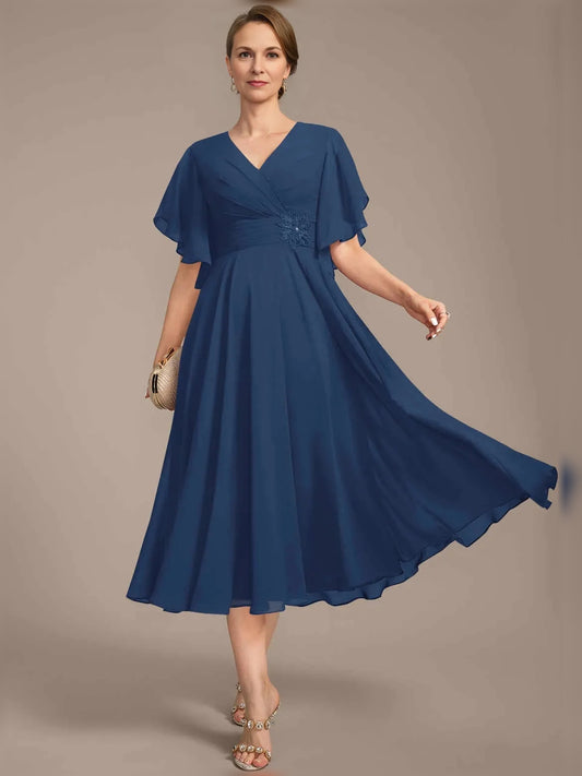 Dark Blue tea-length mother of the bride dress, front view showing the a-line silhouette