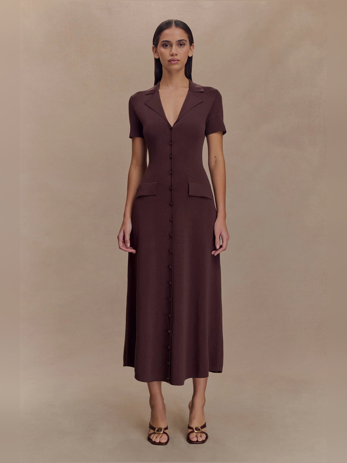 Chocolate midi formal dress, full-length front view