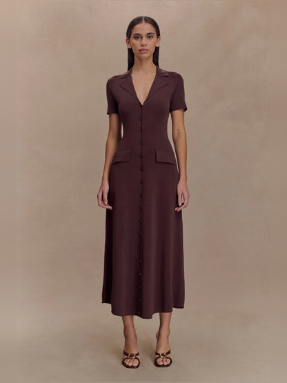 Chocolate midi formal dress, full-length front view