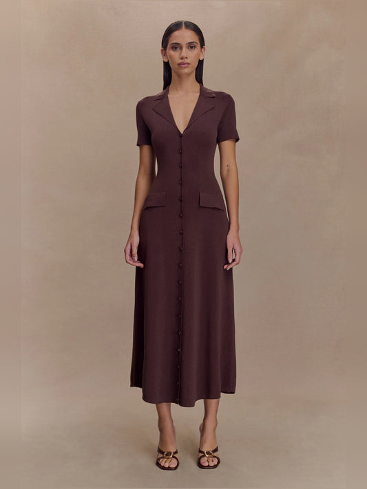 Chocolate midi formal dress, full-length front view