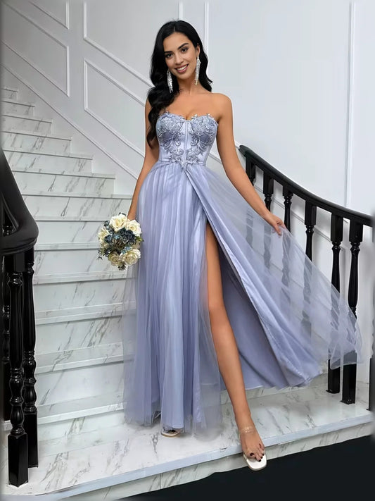 Lavender floor-length bridesmaid dress, front view showing the a-line silhouette