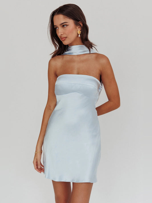 Blue mini homecoming dress, front view showing the silhouette
