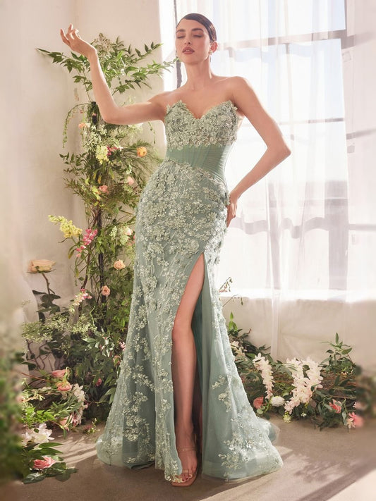 Dusty Sage floor-length prom dress, front view showing the mermaid silhouette
