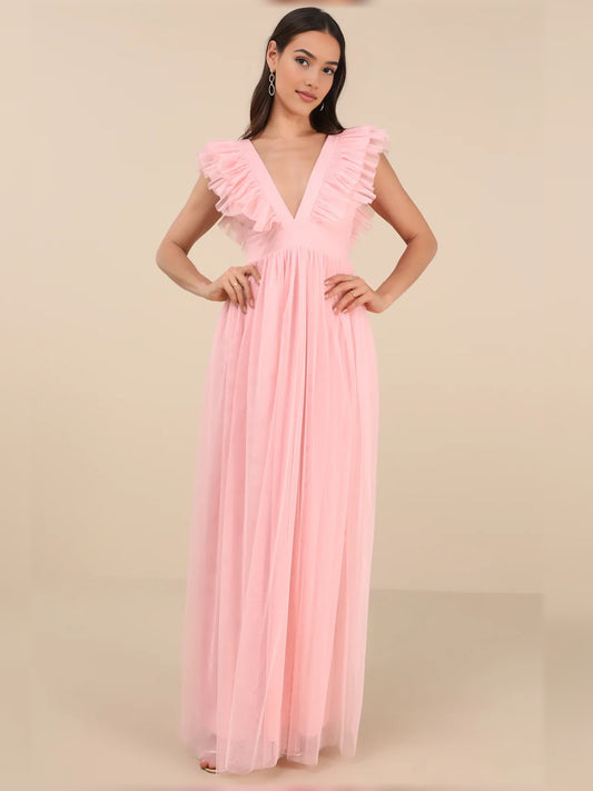 Pink maxi bridesmaid dress, front view showing the a-line silhouette