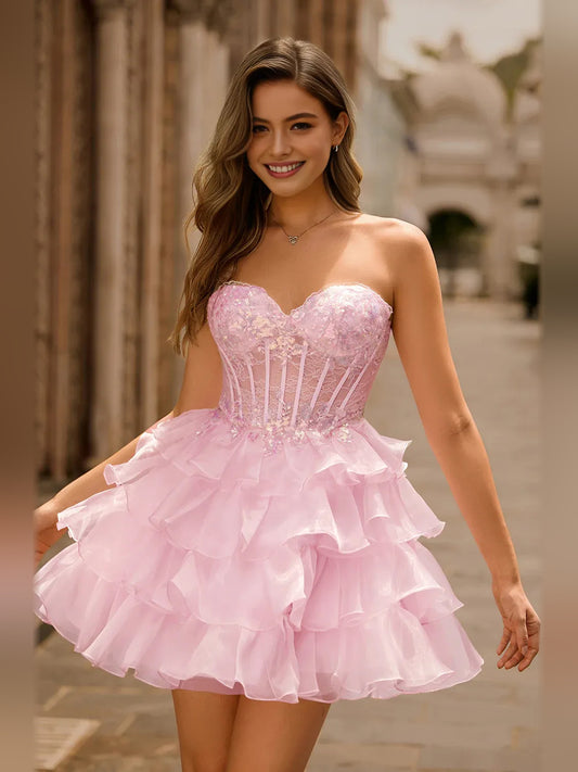 Light Pink short homecoming dress, alternate view showing the full-length silhouette