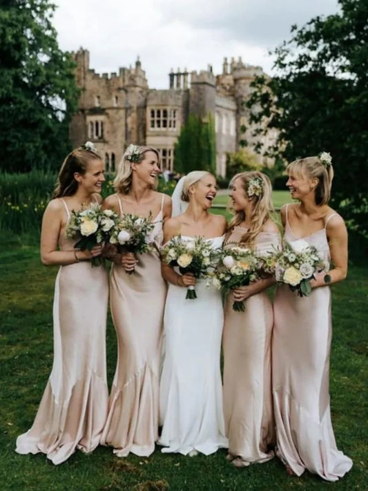 Champagne floor-length prom dress, front view showing the a-line silhouette