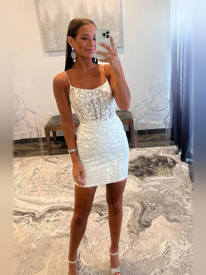 White mini homecoming dress, alternate view showing the full-length silhouette