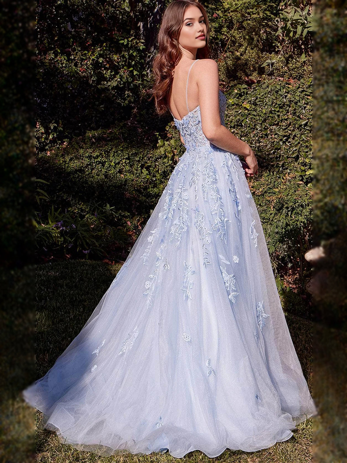 Light Blue floor-length prom dress, front view showing the a-line silhouette
