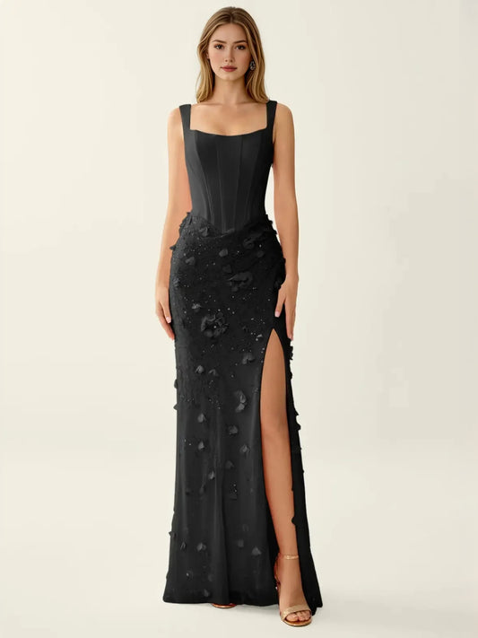 Black maxi prom dress, front view showing the sheath silhouette