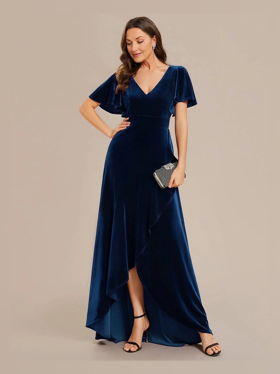 Navy Blue high-low mother of the bride dress, front view showing the a-line silhouette
