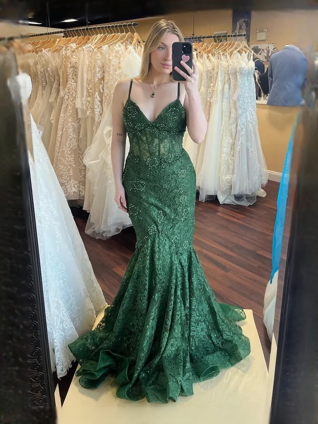 Emerald Green maxi prom dress, front view showing the a-line silhouette
