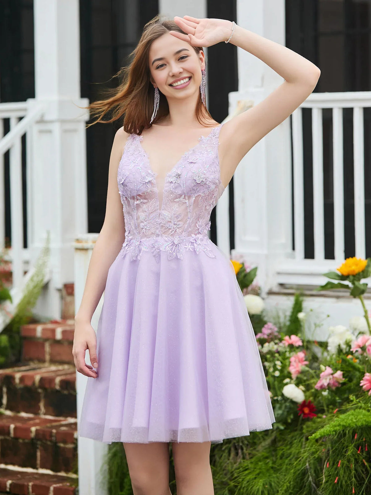 Lilac knee-length homecoming dress, alternate view showing the full-length silhouette
