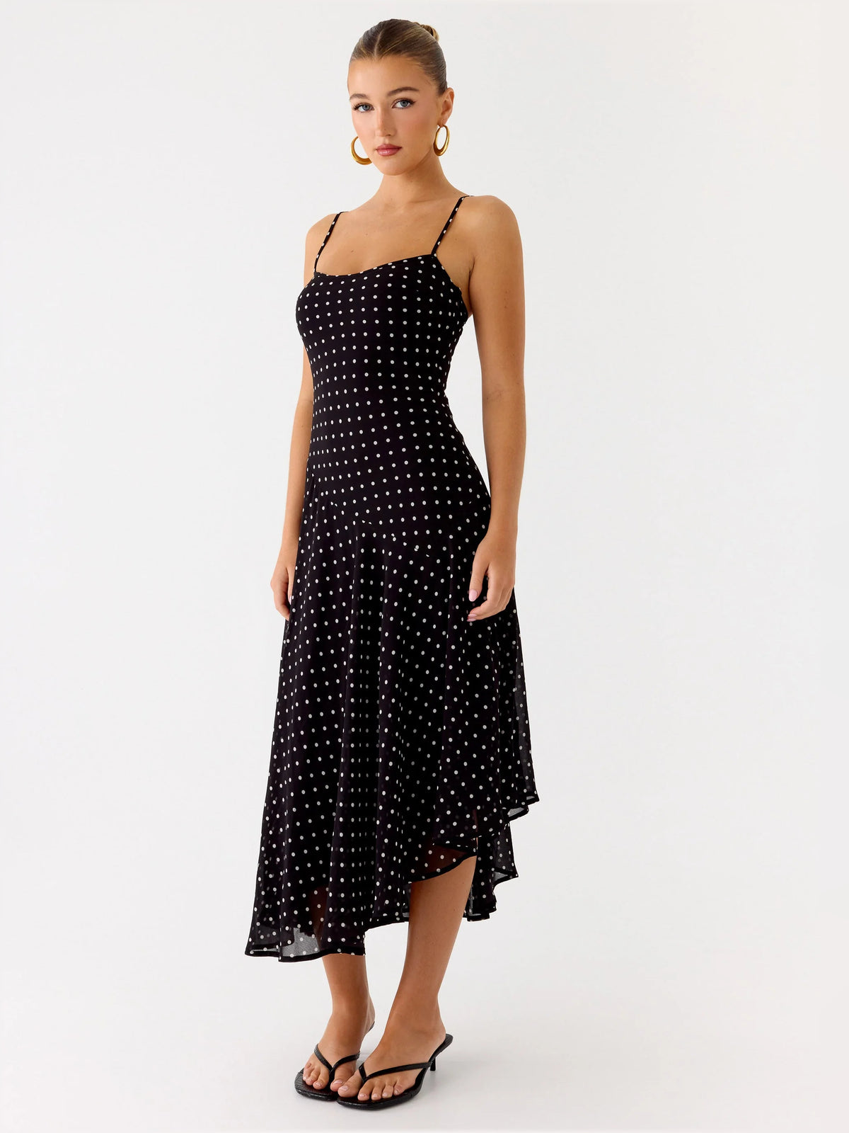 Black midi formal dress, full-length front view
