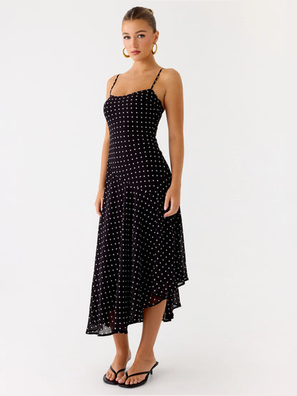 Black midi formal dress, full-length front view