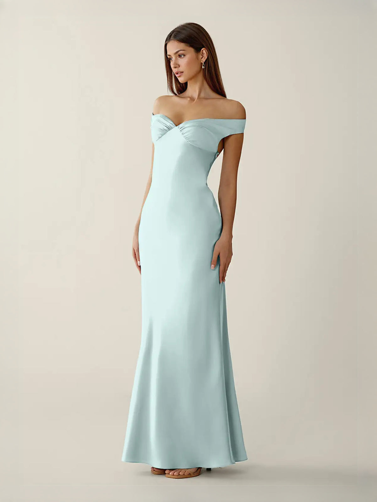 Mist Blue maxi prom dress, front view showing the column silhouette